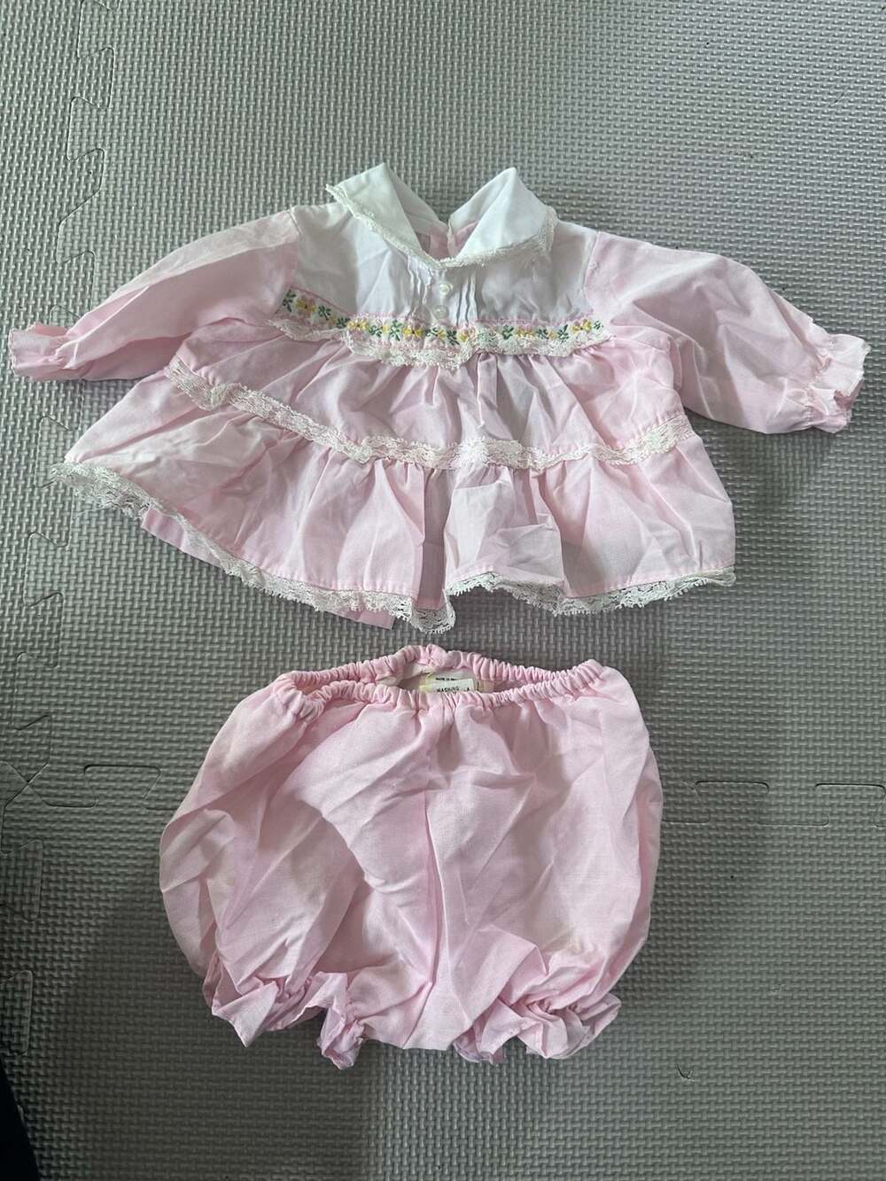 Vintage MG Baby Girl Pink Floral Embroidered Lace Trim 2-Piece Set 0-3 Months